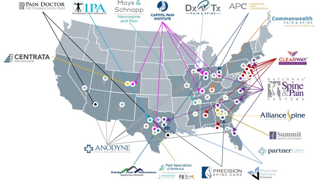 Pain Management Private Equity Transactions Map Fall 2023